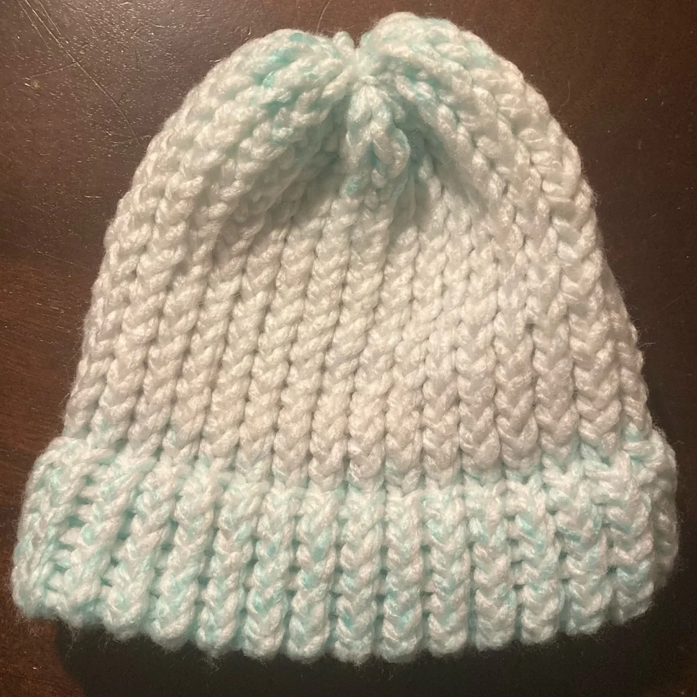 HANDMADE cozy white and light blue kids beanie for winter